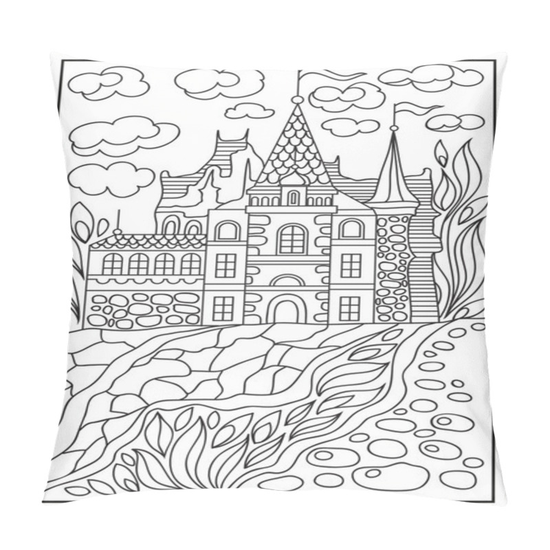 Personality  Graphical Illustration Of A Castle On The Background Of Nature 3 Pillow Covers