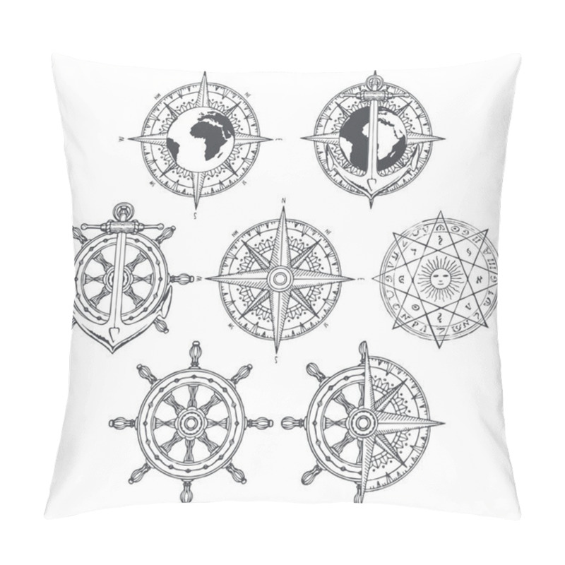 Personality  Vector Set Of Nautical Emblems. Wind Rose, Ship Anchor And Helm In Retro Style. Black And White Outline Drawings On The Theme Of Travel, Adventure And Discovery. T-shirt And Label Graphics Pillow Covers