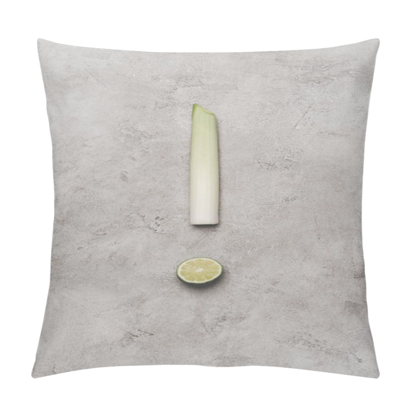 Personality  Top View Of Exclamation Mark Made From Leek And Lime On Grey Pillow Covers