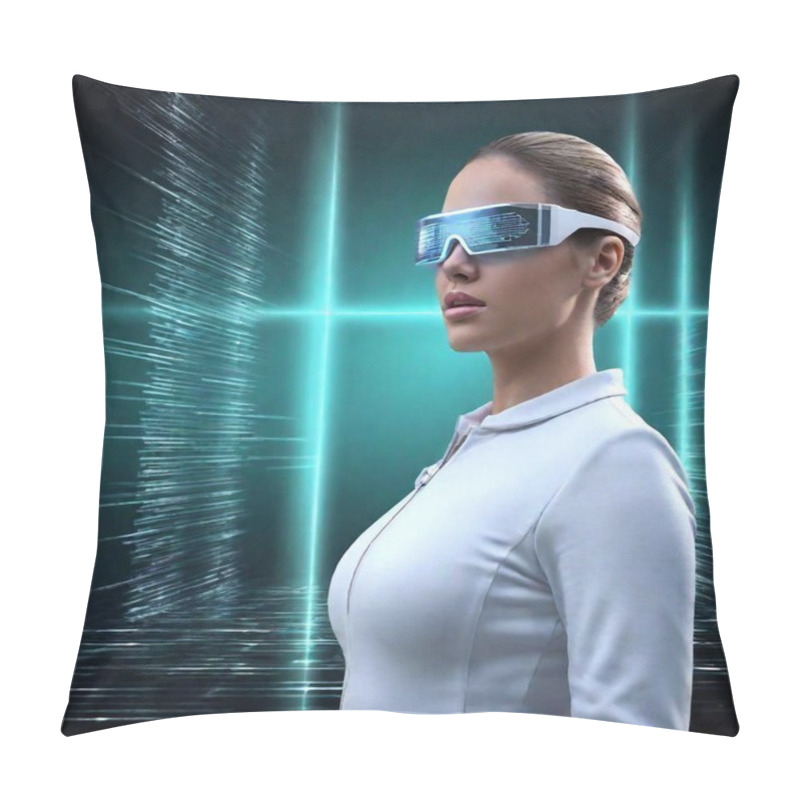 Personality  A High-resolution Ultrarealistic Image Depicting A Futuristic Scene In Digital Art Style. A Woman Clad In A Reflective Silver Suit Stands Against A Backdrop Of A Translucent Digital Circuit Board. She Wears Intricate, High-tech Goggles And Has Her Pillow Covers