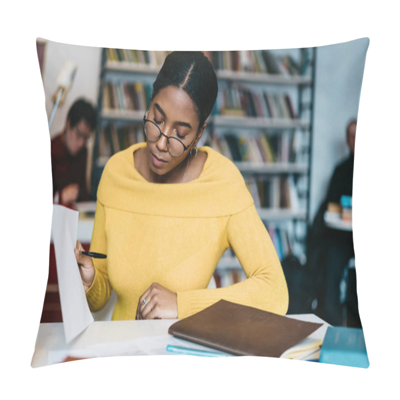 Personality  Concentrated African American Hipster Student In Eyeglasses Reading Studying Test And Preparing For Upcoming Exams Sitting At Desktop In Library.Pensive Dark Skinned Young Woman Checking Compendium Pillow Covers