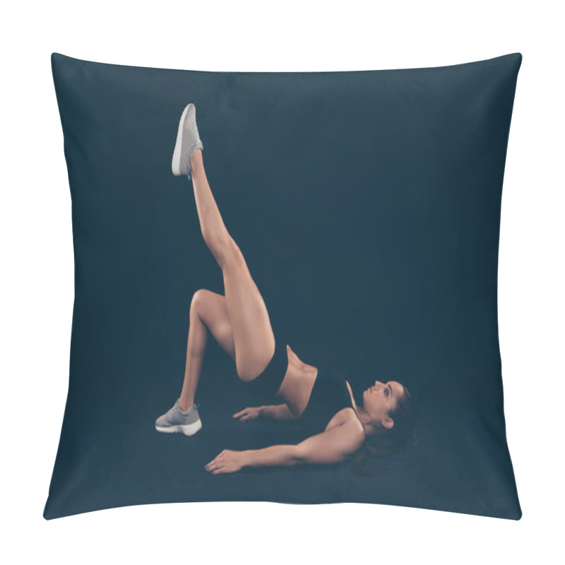 Personality  Full Length Profile Photo Short Sport Suit Lady Doing Body Weight Exercise Raise Leg Up Isolated Black Dark Background Pillow Covers