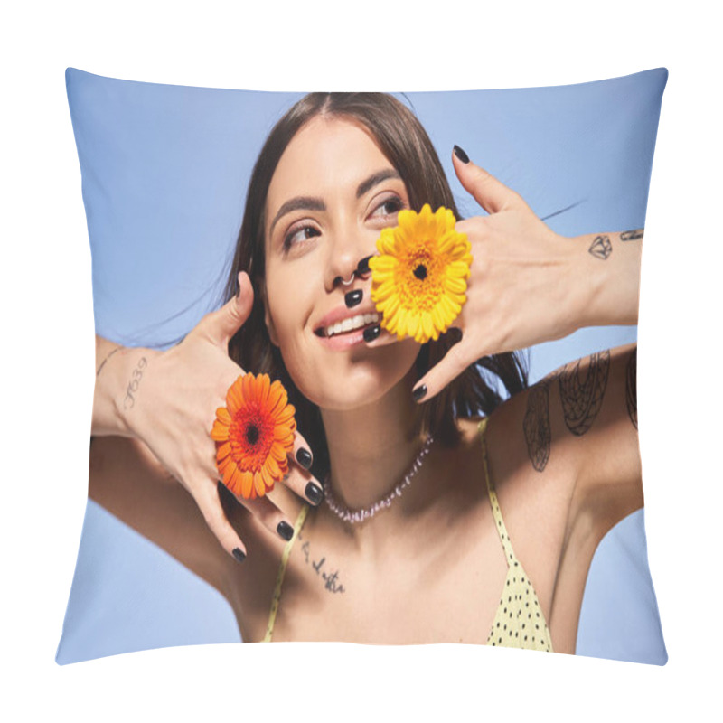 Personality  A Young Woman With Brunette Hair Holds Two Flowers In Front Of Her Face, Showcasing Natural Beauty And Femininity. Pillow Covers