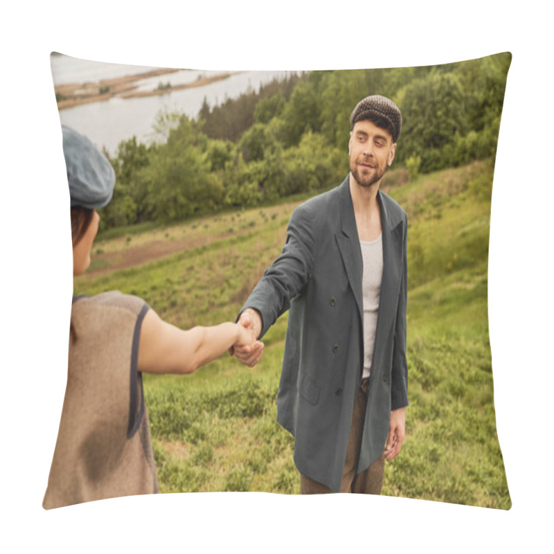 Personality  Smiling Bearded Man In Newsboy Cap And Jacket Holding Hand Of Brunette Girlfriend In Vest While Standing With Nature At Background, Fashionable Couple In Countryside Pillow Covers