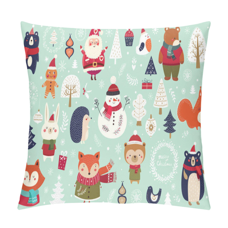 Personality  Christmas Collection With Cute Animals: Bear, Fox, Squirrel, Bird, Santa Claus, Snowman And Christmas Decorative Elements Pillow Covers