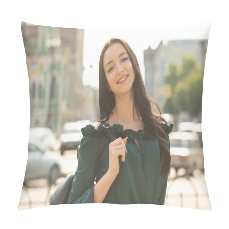 Personality  Beautiful Smiling Young Brunette Woman Walking In City Pillow Covers