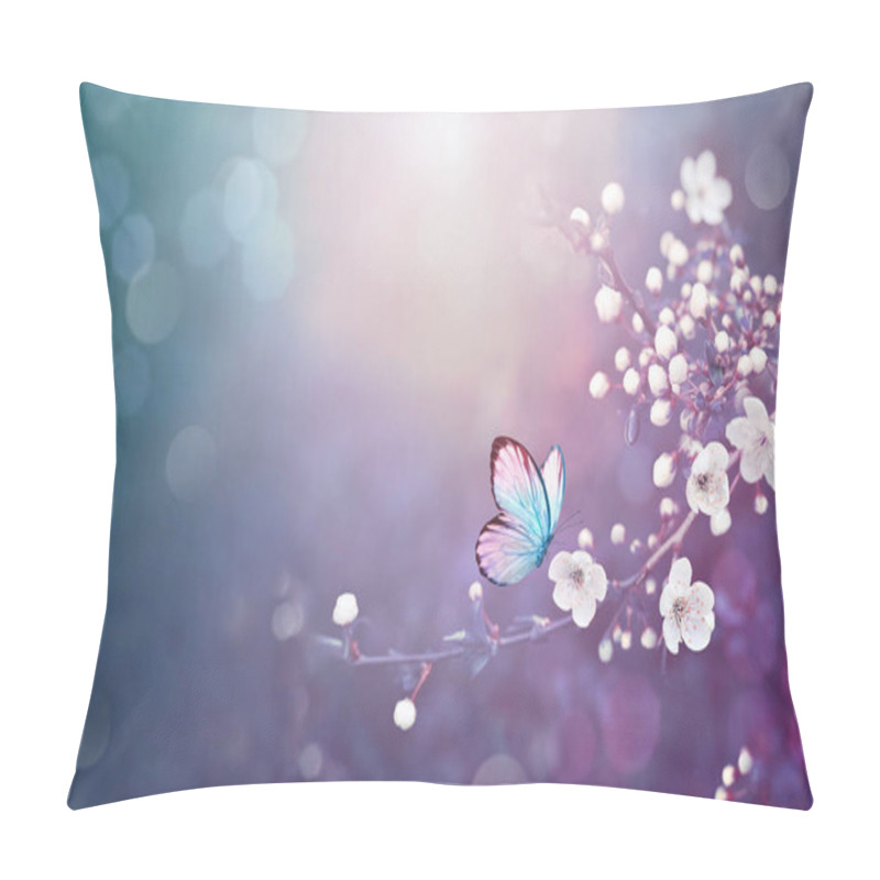 Personality  Branch Of Blossoming Cherry On Spring Background, Fluttering Blue Butterfly In Spring On Nature Outdoors . Pillow Covers