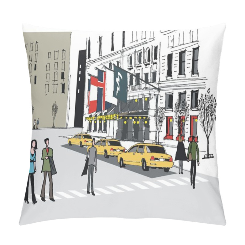 Personality  Vector Illustration Of Taxis Outside Manhattan Hotel, New York Pillow Covers