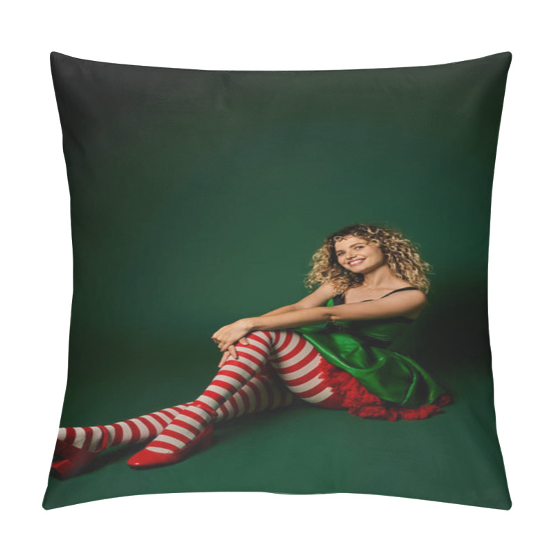 Personality  Happy Woman Dressed As New Year Elf Posing On Floor And Smiling At Camera On Green Backdrop Pillow Covers