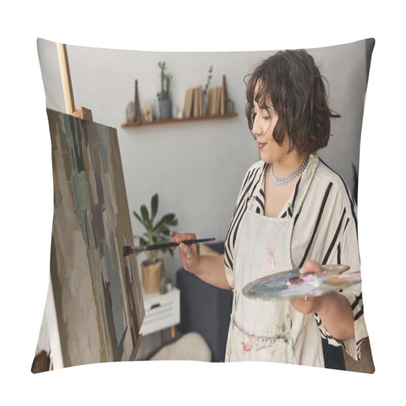 Personality  A Young Woman With Curly Hair Passionately Paints On Her Easel, Showcasing Her Artistic Talent. Pillow Covers