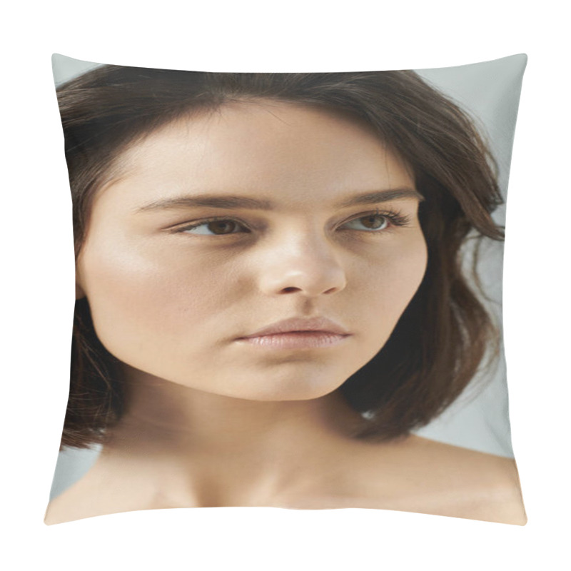 Personality  A Close-up Portrait Of A Woman With Dark Hair And A Serene Expression. Pillow Covers