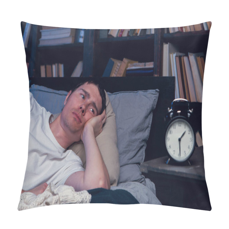 Personality  Photo Of Man With Insomnia Lying In Bed Next To Alarm Clock Pillow Covers