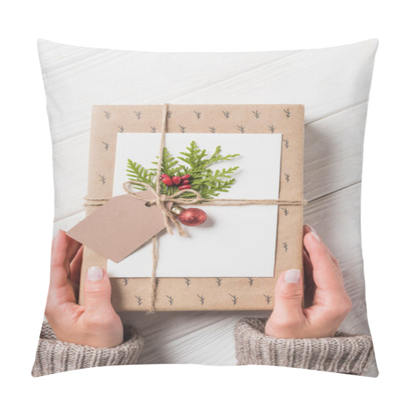 Personality  Cropped Image Of Woman With Decorated Christmas Gift Box At Wooden Table  Pillow Covers