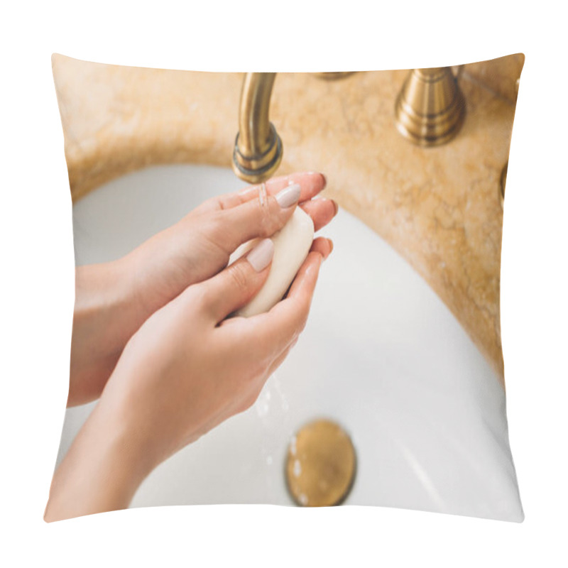 Personality  Cropped Shot Of Woman Washing Hands With Soap In Bathroom Pillow Covers