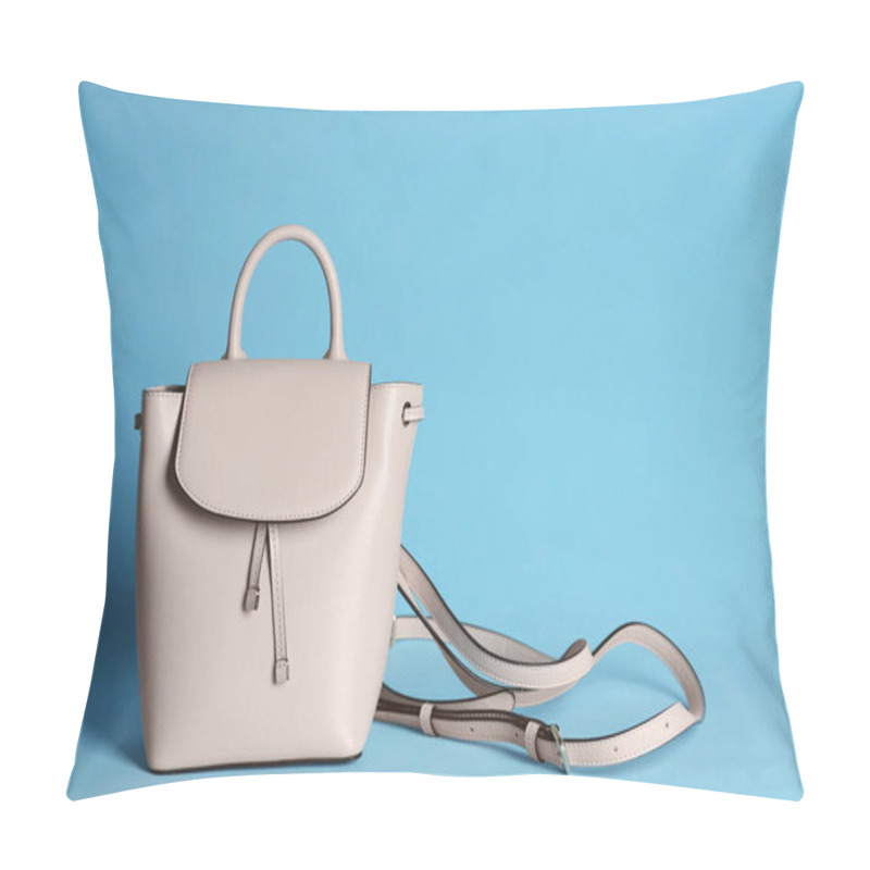 Personality  Stylish Woman's Bag On Light Blue Background Pillow Covers