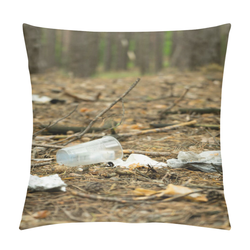 Personality  Garbage In Forest. People Illegally Thrown Garbage Into Forest. Concept Of Man And Nature. Pillow Covers