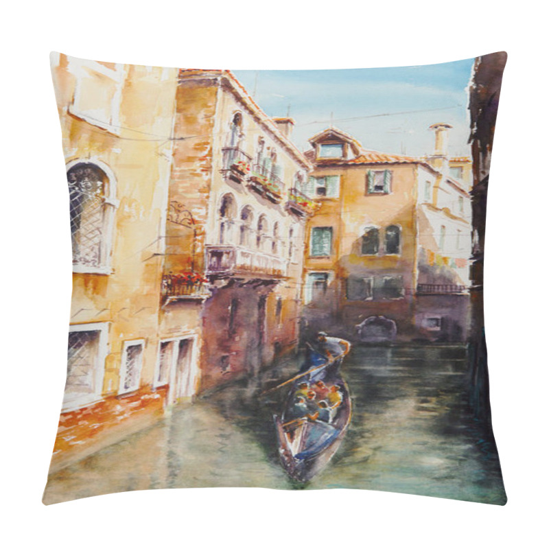 Personality  Travel Venice Canal With Tourist On Gondola. Painting Landmark Italy With Historic View Italy. Watercolor Landscape Original Painting Multicolored On Paper, Illustration Landmark Of The World. Pillow Covers