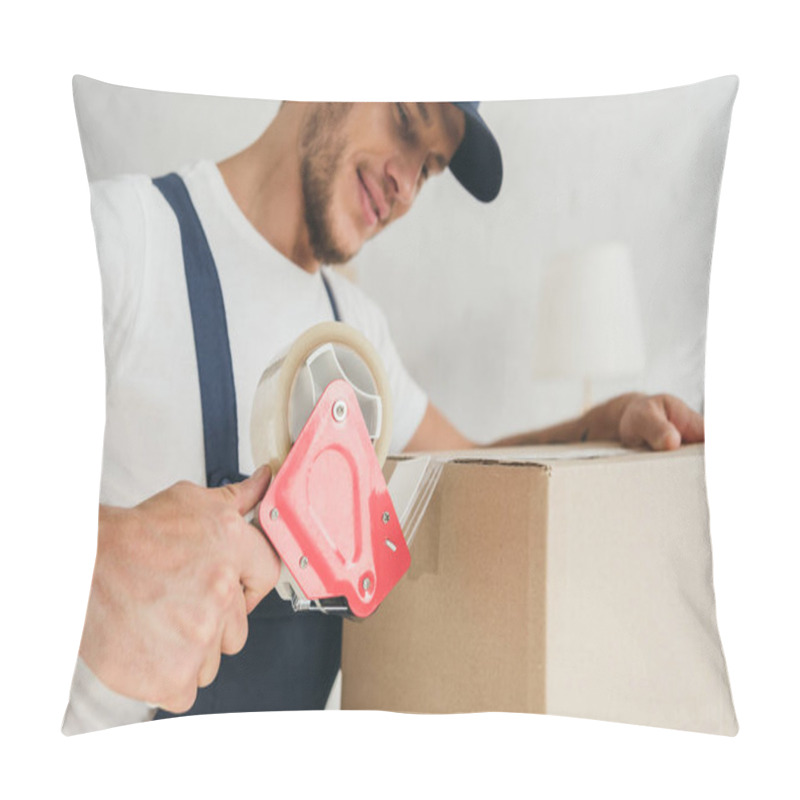 Personality  Happy Mover Packing Box With Scotch Tape In Apartment  Pillow Covers