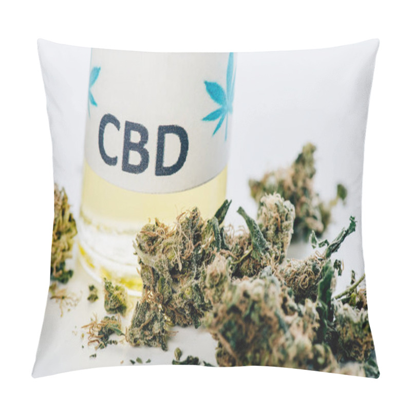 Personality  Cannabis Oil In Bottle With Lettering Cbd And Medical Cannabis On White Background  Pillow Covers