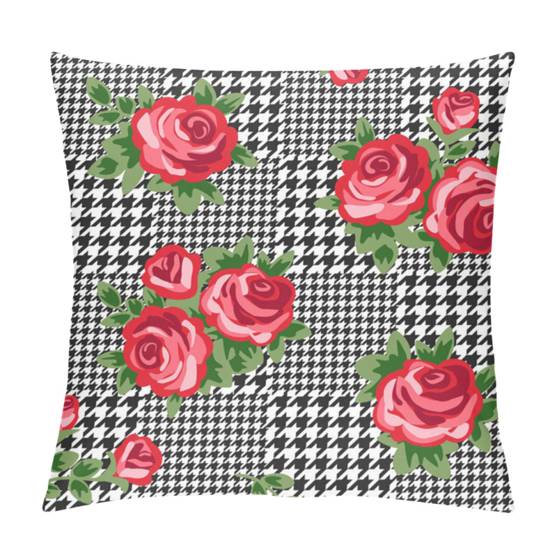 Personality  Vector Houndstooth Seamless Black And White Pattern With Red Retro Roses Pillow Covers