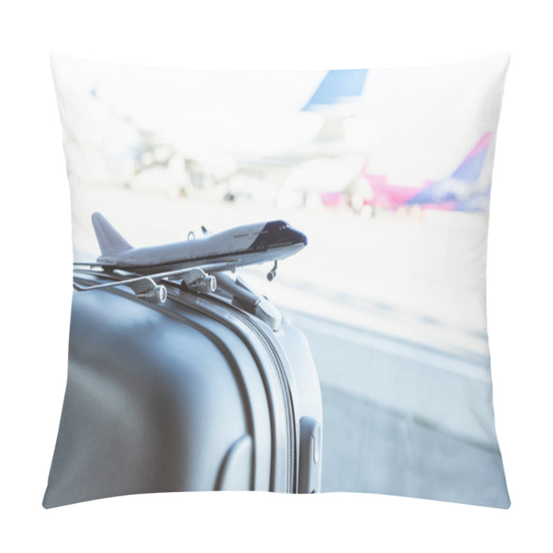 Personality  Close Up Of Small Plane Model On Grey Suitcase In Airport Pillow Covers