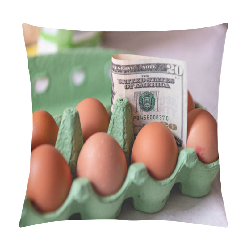 Personality  A Cost Of Living, Food Inflation Concept With A Bundle OfUS Dollar Bills In A Packet Of Eggs. Pillow Covers