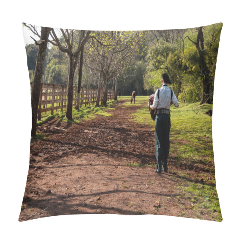 Personality  Gaucho Playing The Harmonica While Standing. Pillow Covers