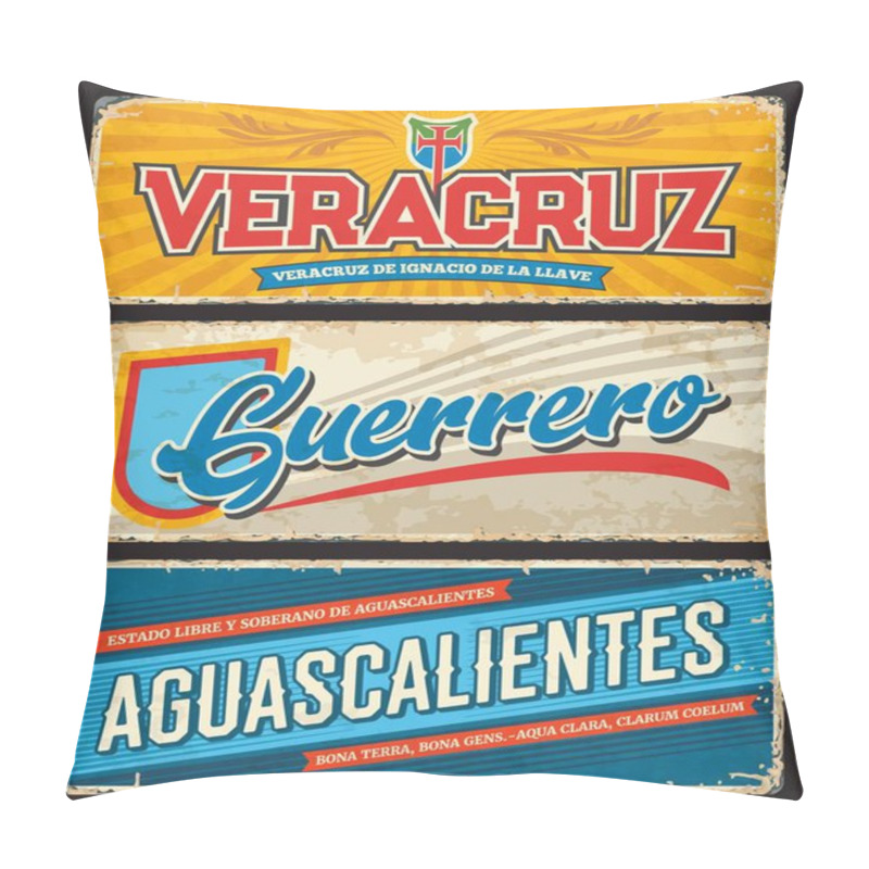 Personality  Veracruz, Guerrero And Aguascalientes Tin Plates, Mexico State Vector Metal Signs. Mexico Region Retro Plate With Typography, State Symbols And Shabby Sides. North America Travel Destination Sign Pillow Covers