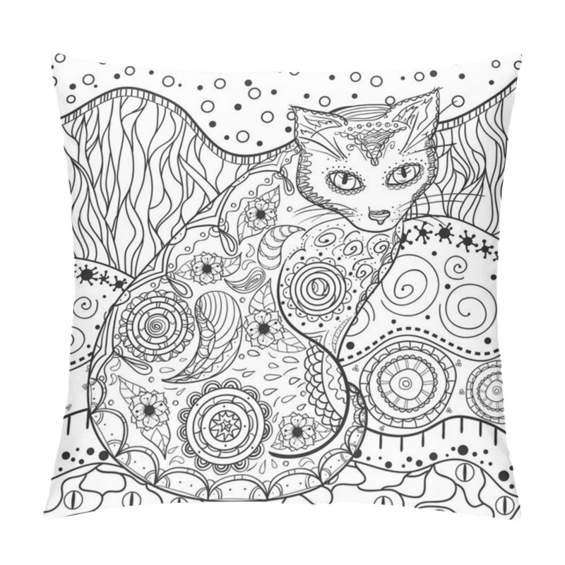 Personality  Abstract Eastern Pattern With Cat On Isolated White. Zentangle. Hand Drawn Abstract Patterns On Isolation Background. Design For Spiritual Relaxation For Adults. Black And White Illustration Pillow Covers