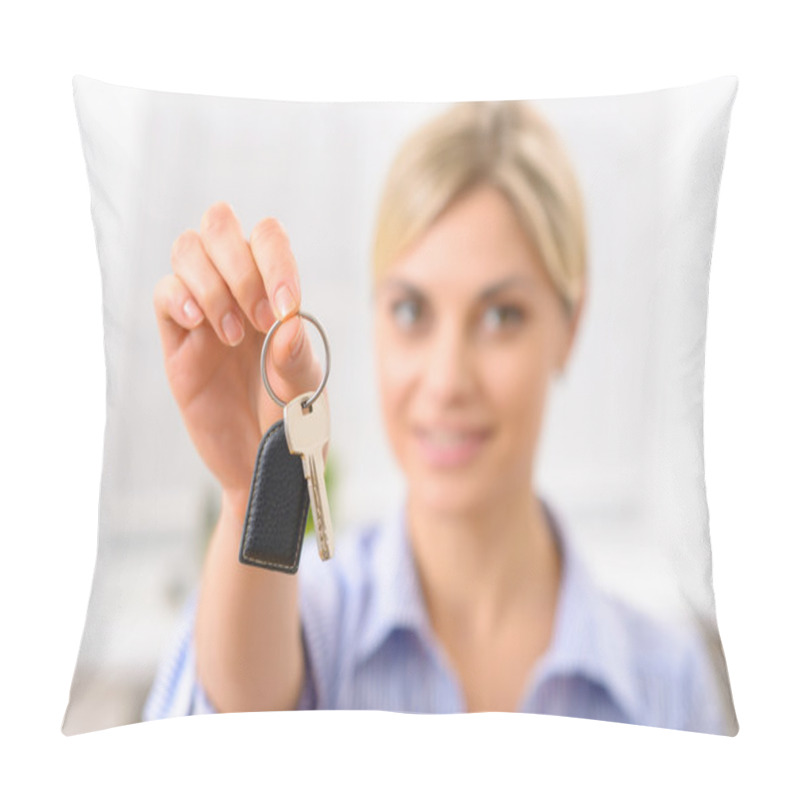 Personality  Young Woman Upholding Room Key. Pillow Covers