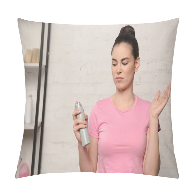 Personality  Displeased Woman Waving Hand While Holding Deodorant Pillow Covers