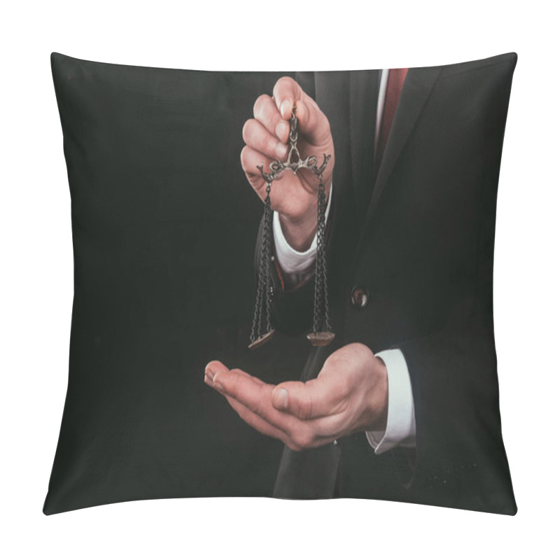 Personality  Cropped Shot Of Lawyer Holding Mini Scales Isolated On Black Pillow Covers