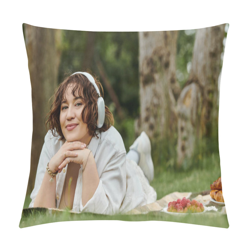 Personality  A Cheerful Woman Enjoys A Sunny Summer Day, Resting On A Picnic Blanket Surrounded By Delicious Treats. Pillow Covers