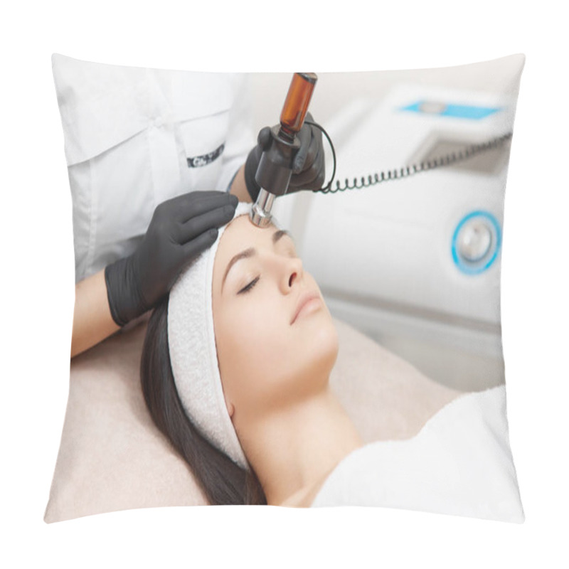 Personality  Cosmetology Specialist Doing Radio Frequency Lifting In Beauty Salon. Pillow Covers