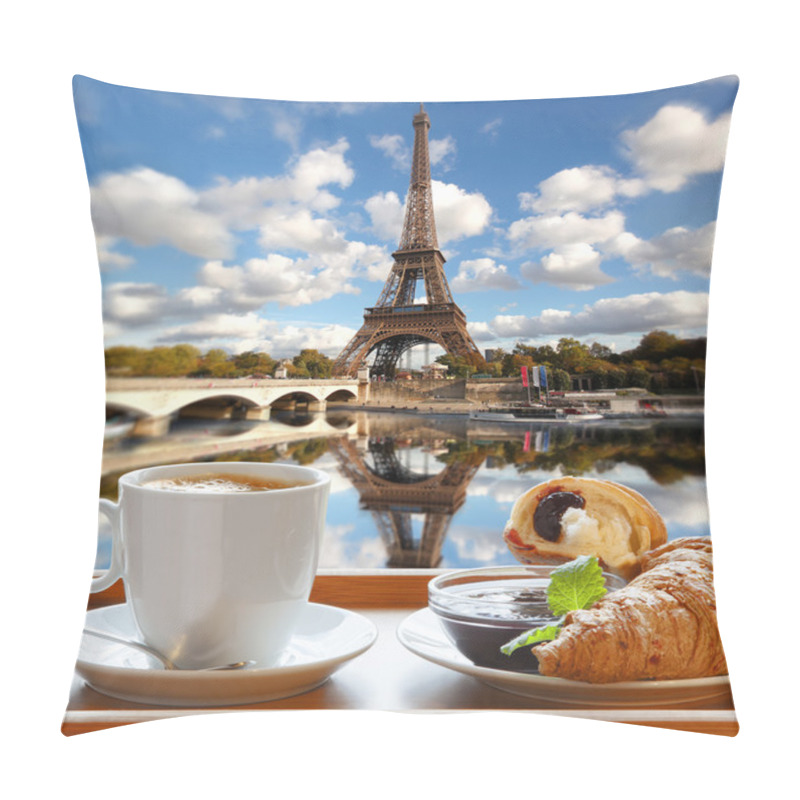 Personality  Coffee With Croissants Against Eiffel Tower In Paris, France Pillow Covers