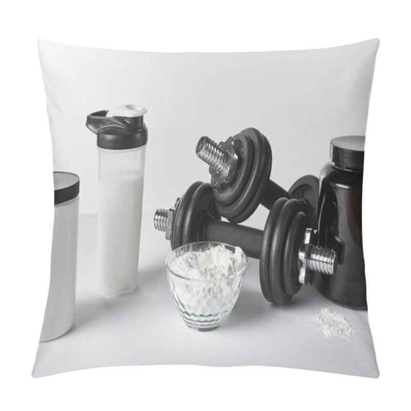 Personality  Jars And Sports Bottle Near Bowl With Protein Powder And Dumbbells On White  Pillow Covers