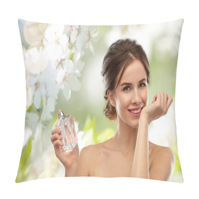 Personality  Happy Woman With Perfume Over Cherry Blossoms Pillow Covers