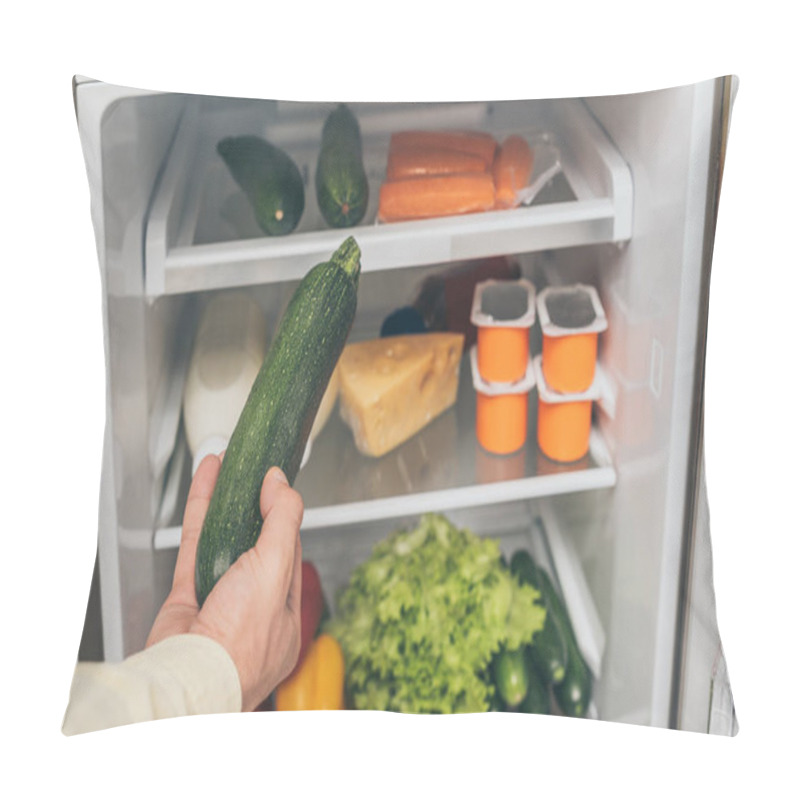 Personality  Cropped View Of Man Holding Cucumber Near Open Fridge Full Of Food Pillow Covers