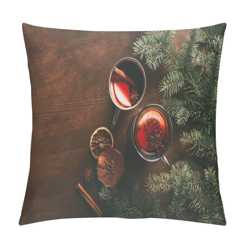 Personality  Top View Of Glass Cups With Homemade Hot Spiced Wine On Wooden Background With Fir Branches, Traditional Christmas Drink Pillow Covers