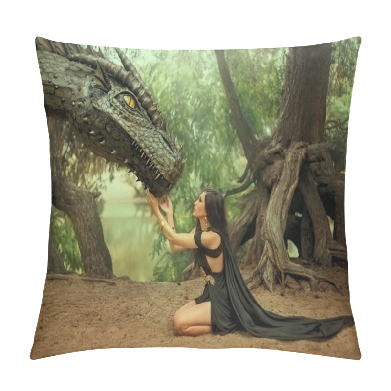 Personality  Fantasy Woman Elf Queen Touching With Hands Dragon Head. Girl Mistress Tamed Monster Concept Female Power. Black Creative Dress, Girl Princess Fashion Model Sits On Knees. Deep Green Forest Trees. Pillow Covers