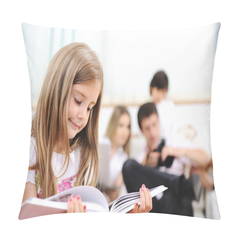 Personality  Little Girl Reading In Home, Indoor With Happy Family Pillow Covers