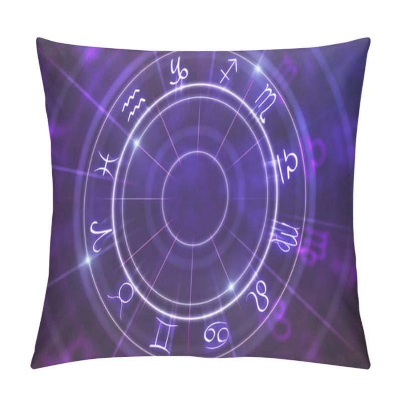 Personality  Abstract Purple Zodiac Wheel Background. Cyberspace Concept. 3D Rendering  Pillow Covers