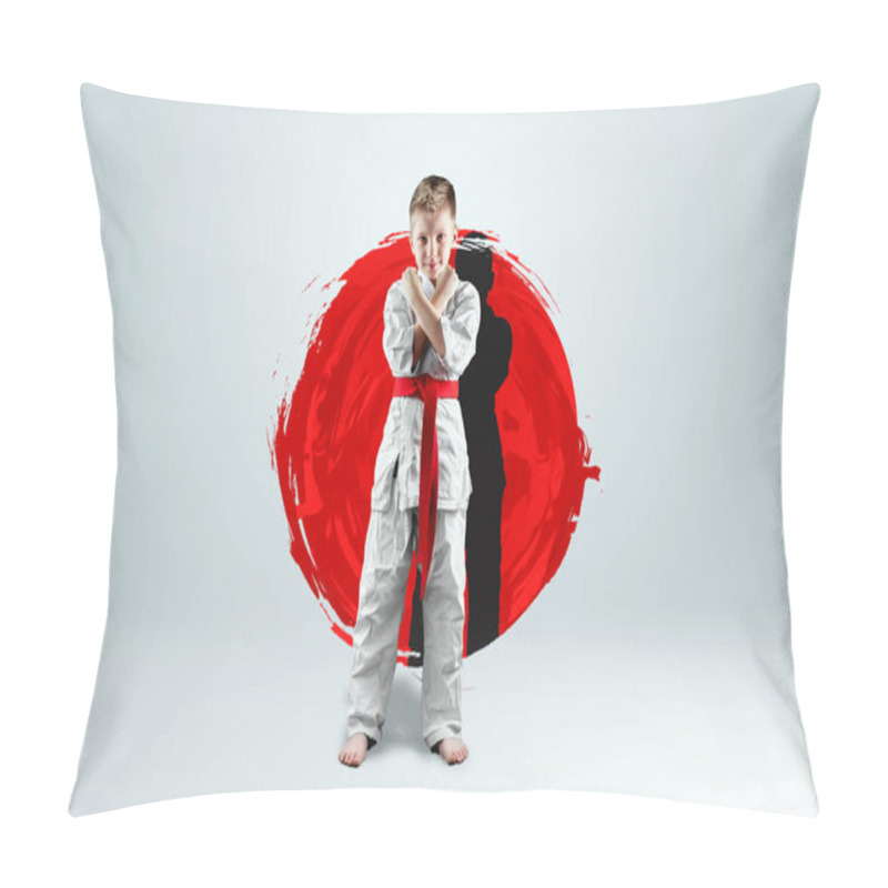 Personality  Full-length Portrait Of A Boy In A White Kimono With A Red Belt Against The Background Of A Red Circle. Karate Concept, Training, Goal, Training, Achievement Pillow Covers