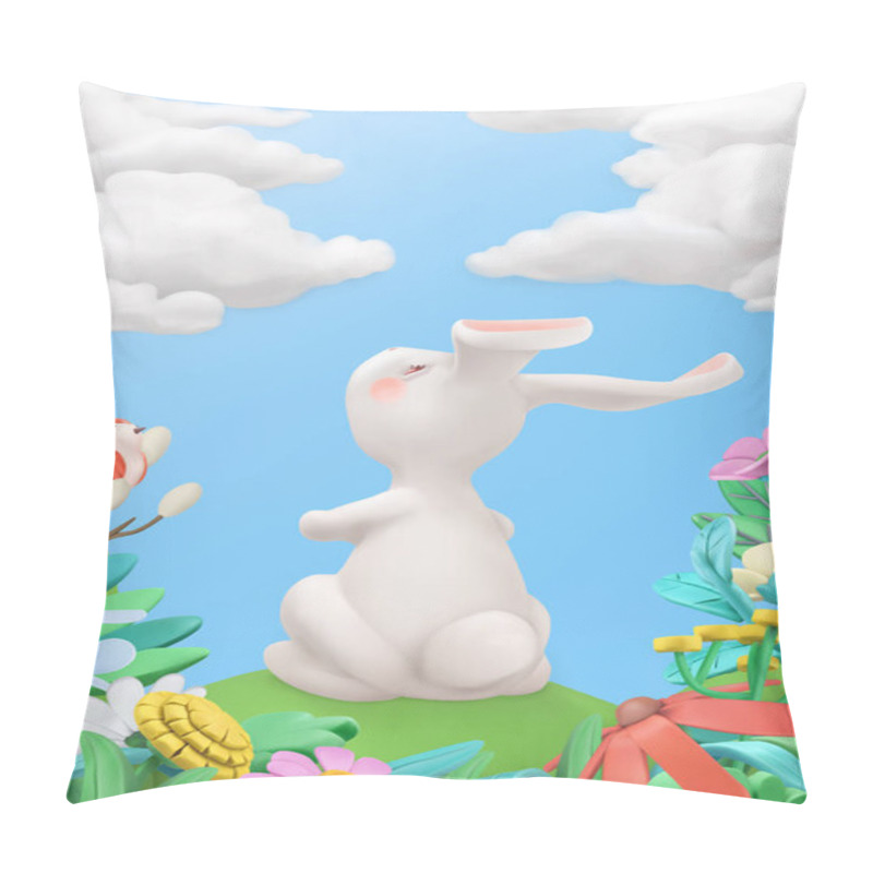 Personality  Easter Bunny In The Meadow. Spring Story. 3d Vector Greeting Card Pillow Covers