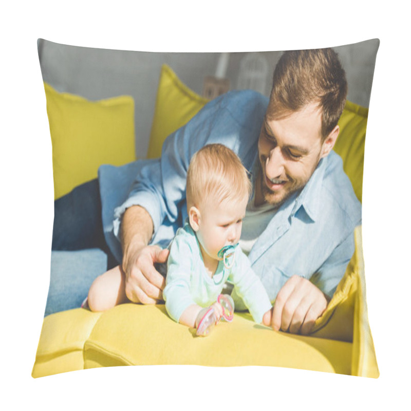 Personality  Smiling Father And Infant Daughter With Baby Dummy On Sofa Pillow Covers