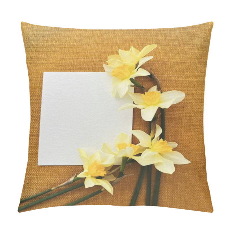 Personality  Elegant Arrangement Of Yellow Daffodils Beside A Blank Note On A Textured Yellow Backdrop. Pillow Covers