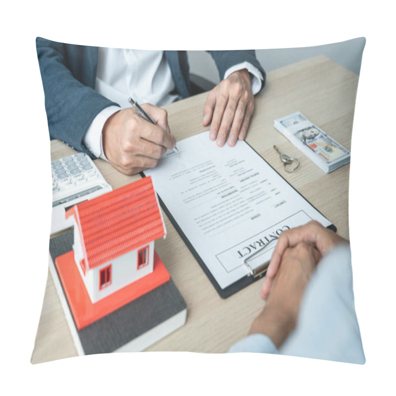 Personality  Real Estate Broker Agent Consulting The Customer To A Decision Making Sign Insurance Form Contract, Home Model Mortgage Loan Offer For And House Insurance. Pillow Covers