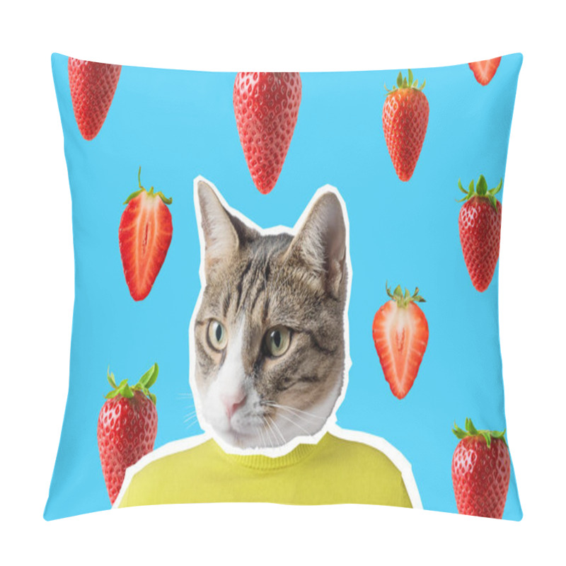 Personality  Cat And Strawberry Collage, Pop Art Concept Design. Minimal Vibrant Summer Background.  Pillow Covers