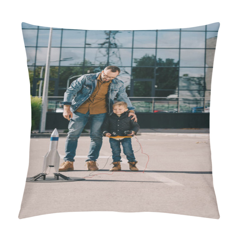 Personality  Happy Father And Son Looking At Model Rocket Launch Outdoor Pillow Covers