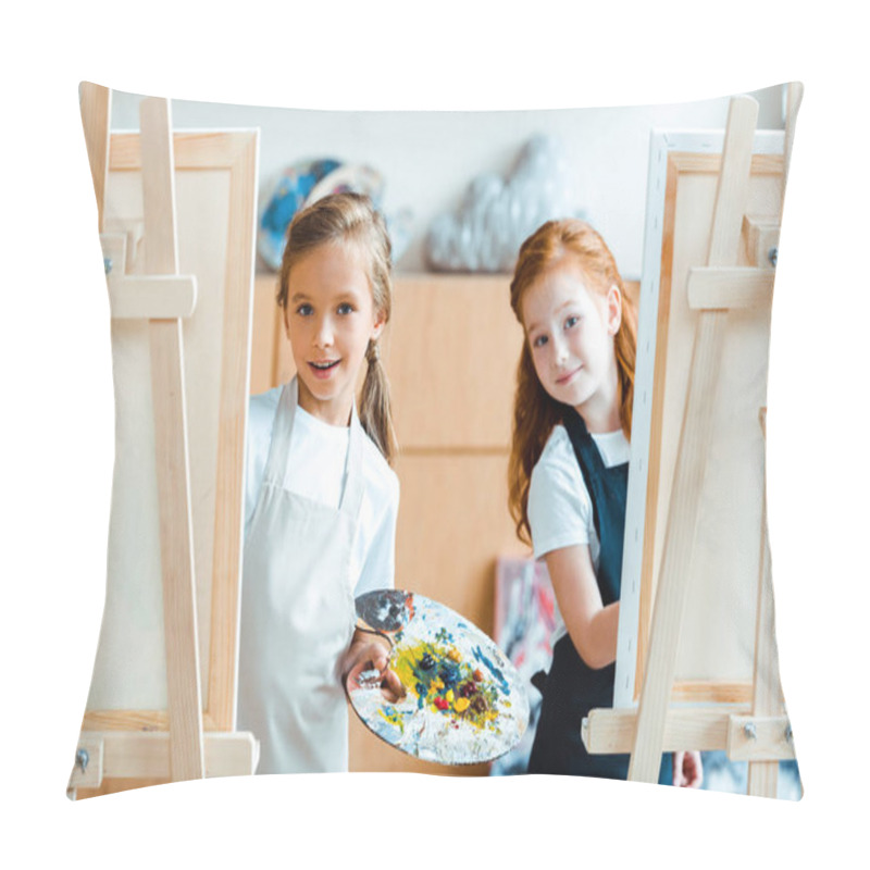 Personality  Selective Focus Of Adorable Kids Standing Near Easels  Pillow Covers